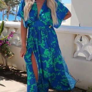 Olivaceous Blue and Green Maxi Sundress with V-Neck